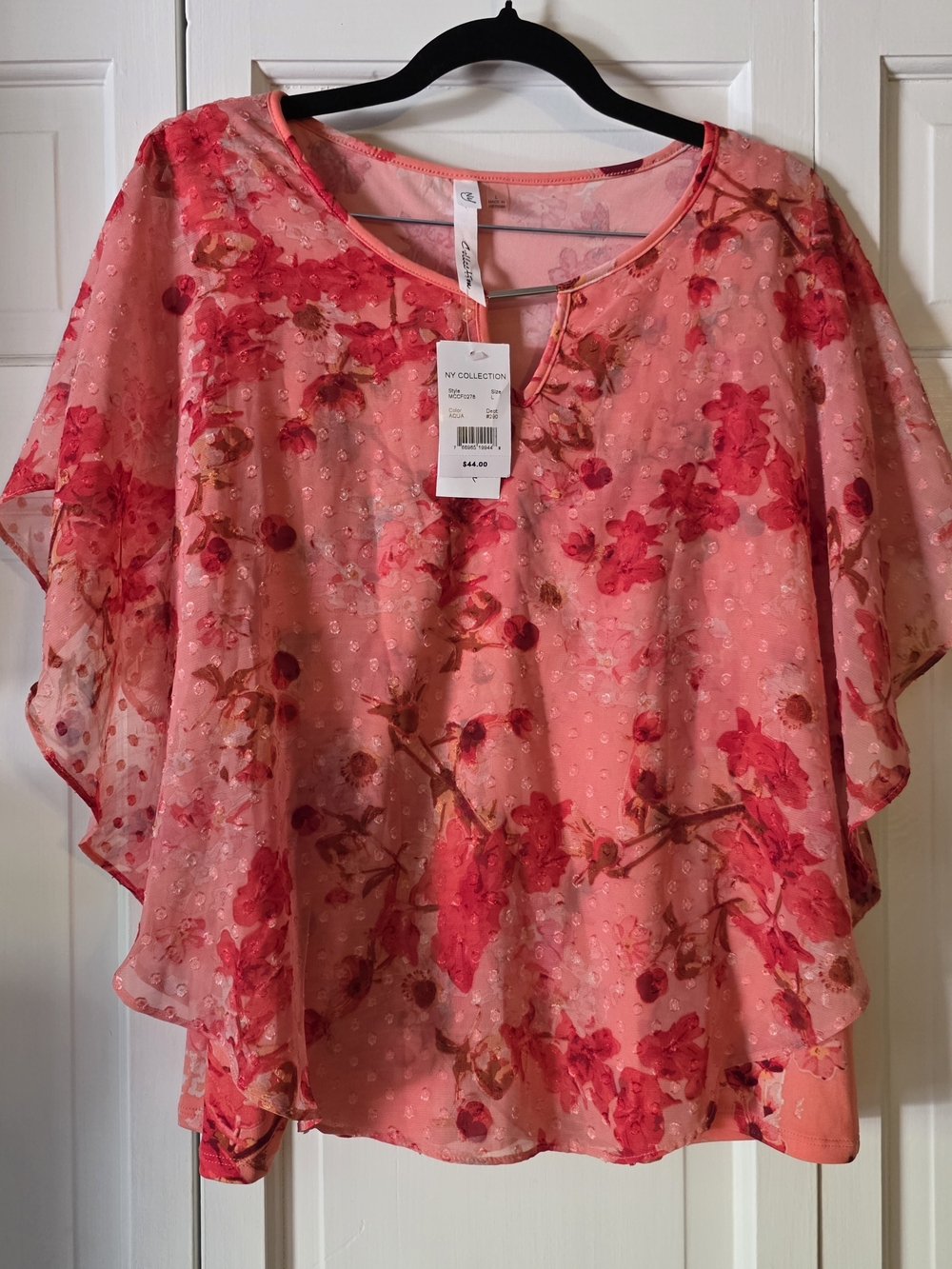 NWT NY Collection Floral Swiss Dot Overlay Blouse Pink Large
